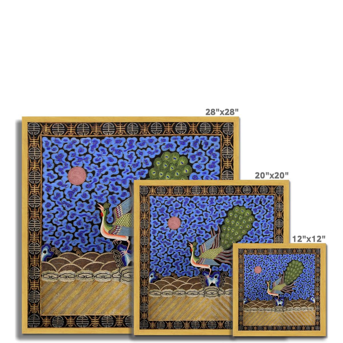 Peacock Mandarin Square | Traditional Chinese Qing Dynasty Silk Embroidery Design | Antique Framed Fine Art Print