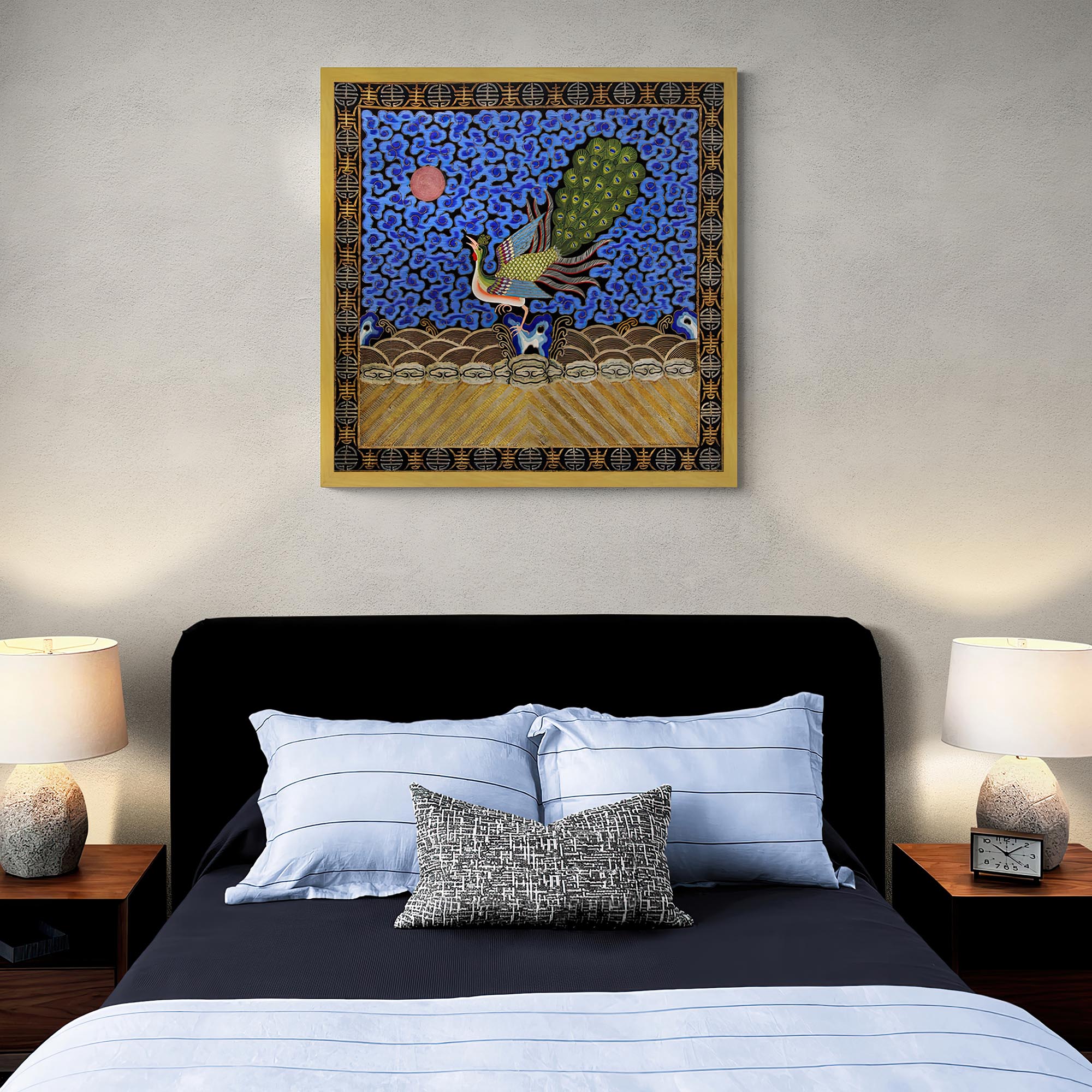 Fine art Peacock Mandarin Square  | Traditional Chinese Qing Dynasty Silk Embroidery Design | Antique Framed Fine Art Print