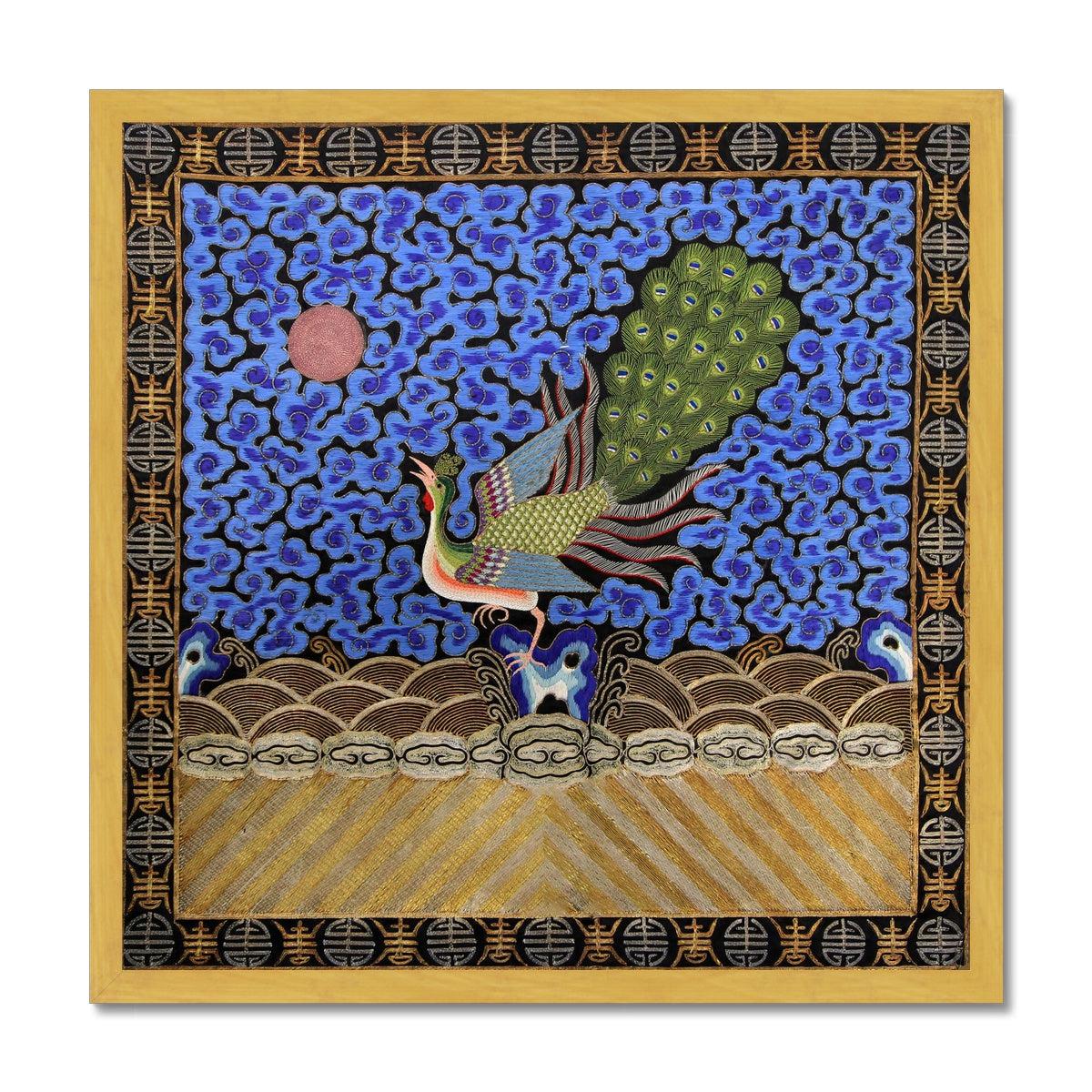 Fine art 12&quot;x12&quot; / Gold Frame Peacock Mandarin Square  | Traditional Chinese Qing Dynasty Silk Embroidery Design | Antique Framed Fine Art Print