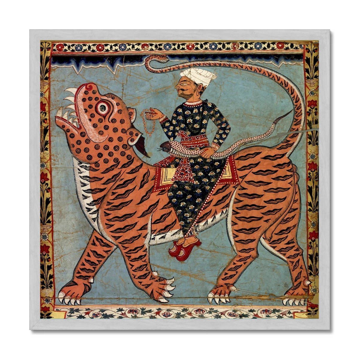 Fine art 12"x12" / Gold Frame Pir Gazi and His Tiger Antique Gold and Silver, Indian Art, Islamic Art, Muslim Art, Sufi Rumi Mystic Cat, Antique Gold and Silver Framed Print