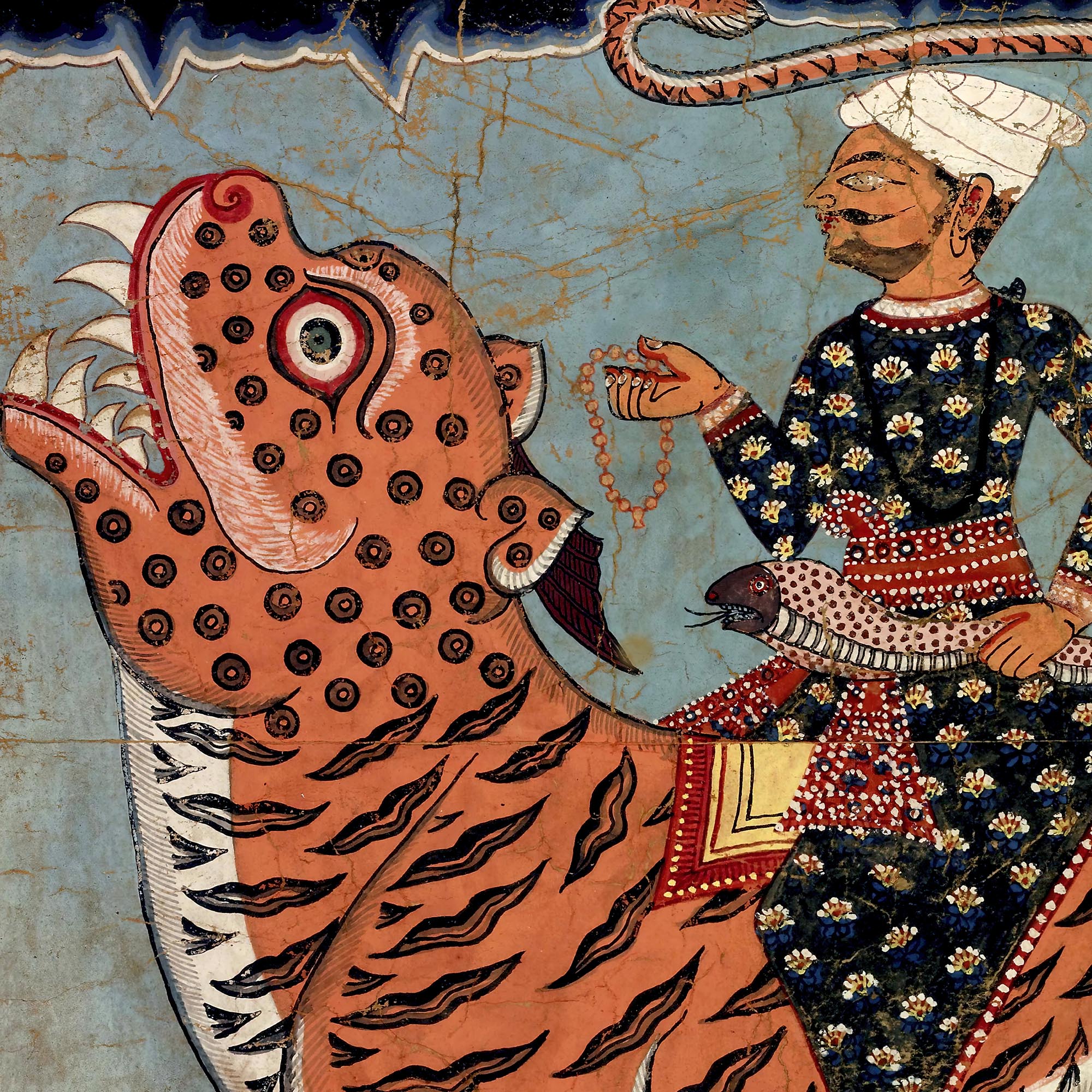 Fine art Pir Gazi and His Tiger Antique Gold and Silver, Indian Art, Islamic Art, Muslim Art, Sufi Rumi Mystic Cat, Antique Gold and Silver Framed Print