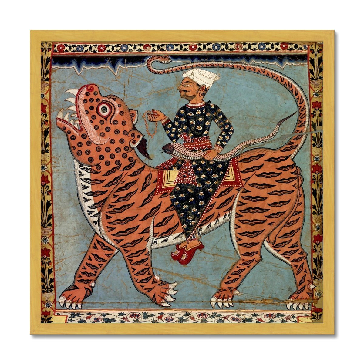Pir Gazi and His Tiger Antique Gold and Silver, Indian Art, Islamic Art, Muslim Art, Sufi Rumi Mystic Cat, Antique Gold and Silver Framed Print