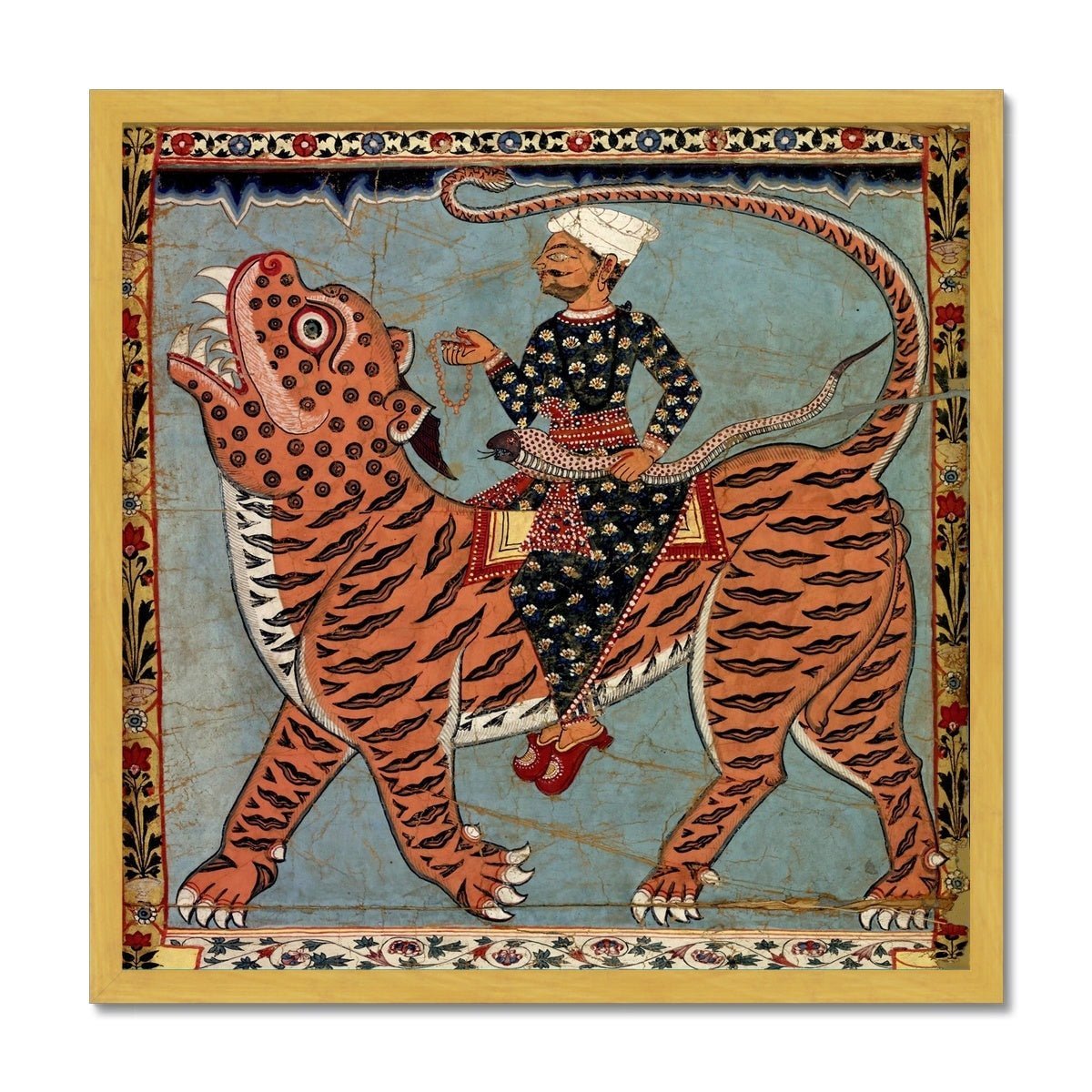 Gold Frame / 12"x12" Pir Gazi and His Tiger Antique Gold and Silver, Indian Art, Islamic Art, Muslim Art, Sufi Rumi Mystic Cat, Antique Gold and Silver Framed