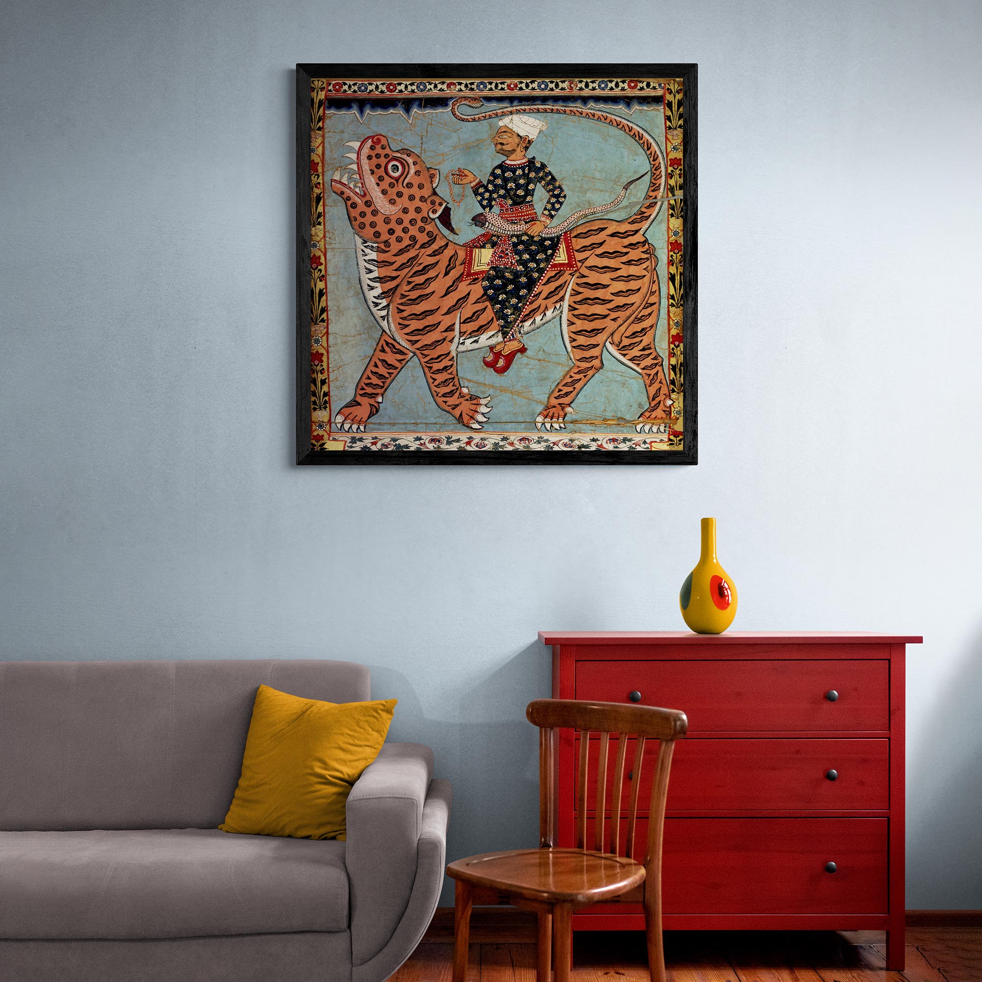 Fine art Pir Gazi and his Tiger, Indian Art, Islamic Art, Muslim Art, Antique Sufi Rumi Mystic Cat Feline Framed Art Print