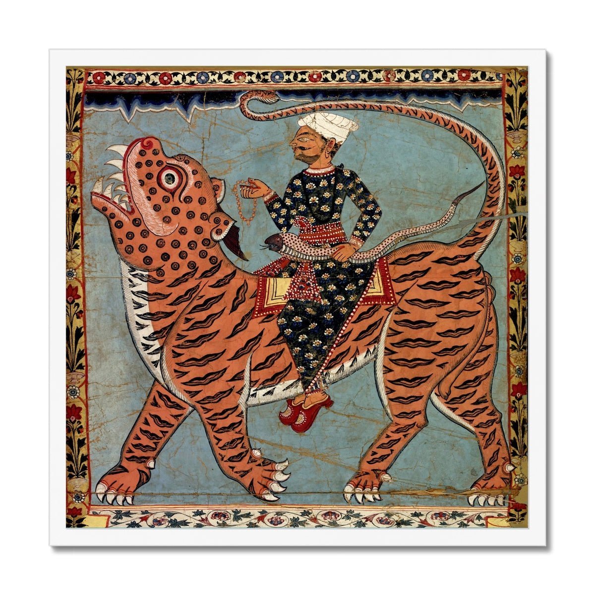 Fine art 12"x12" / White Frame Pir Gazi and his Tiger, Indian Art, Islamic Art, Muslim Art, Antique Sufi Rumi Mystic Cat Feline Framed Art Print