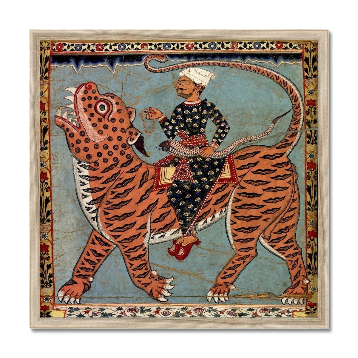 Pir Gazi and his Tiger, Indian Art, Islamic Art, Muslim Art, Antique Sufi Rumi Mystic Cat Feline Framed Art Print