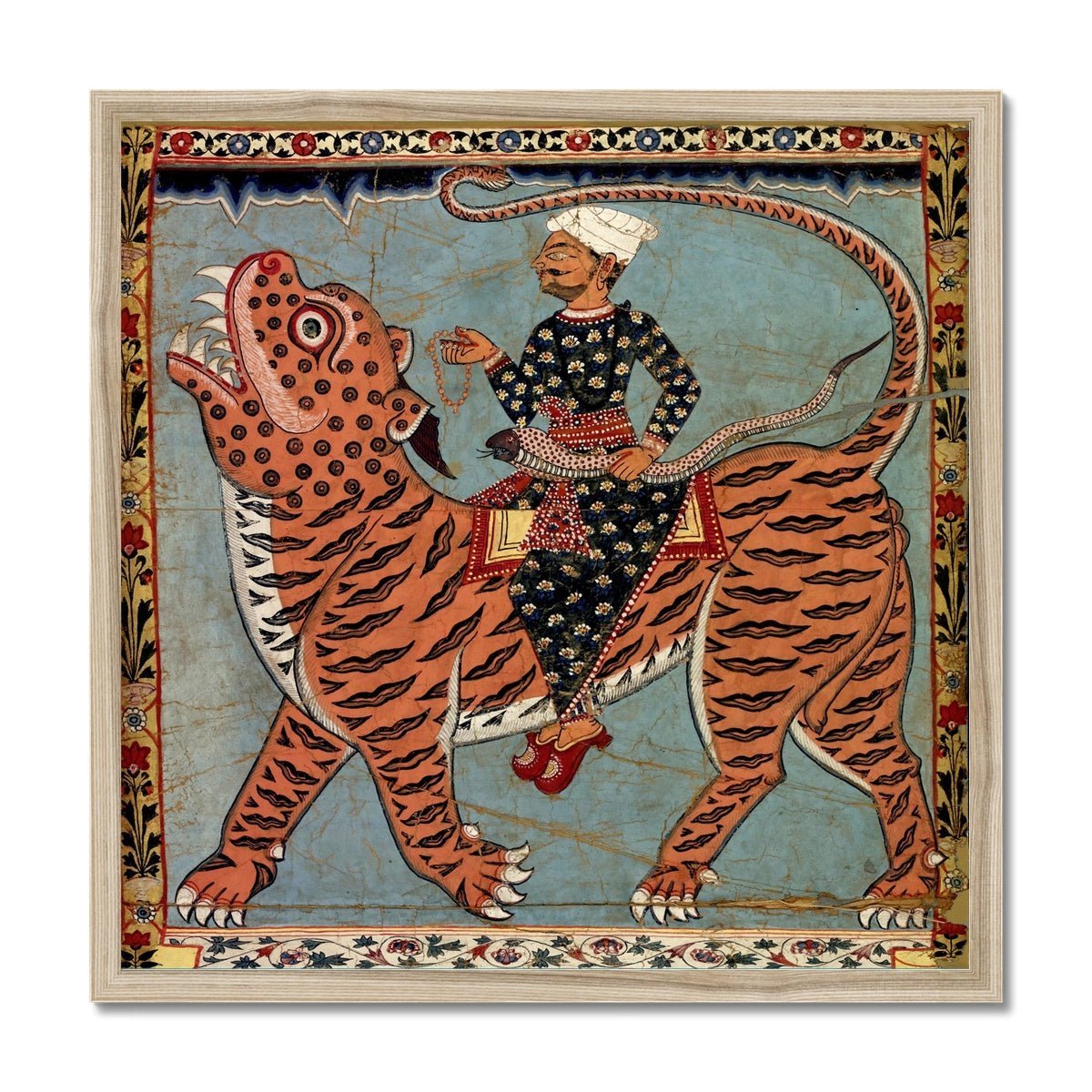 Fine art 12"x12" / Natural Frame Pir Gazi and his Tiger, Indian Art, Islamic Art, Muslim Art, Antique Sufi Rumi Mystic Cat Feline Framed Art Print