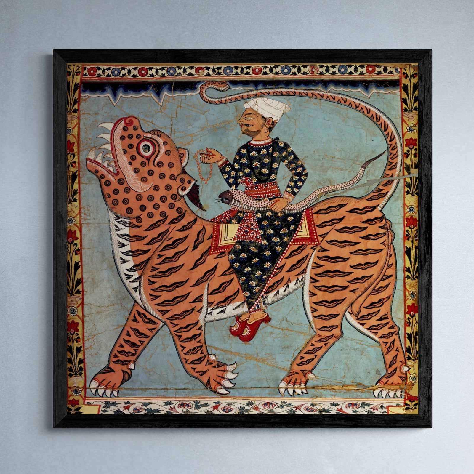 Fine art 12"x12" / Black Frame Pir Gazi and his Tiger, Indian Art, Islamic Art, Muslim Art, Antique Sufi Rumi Mystic Cat Feline Framed Art Print