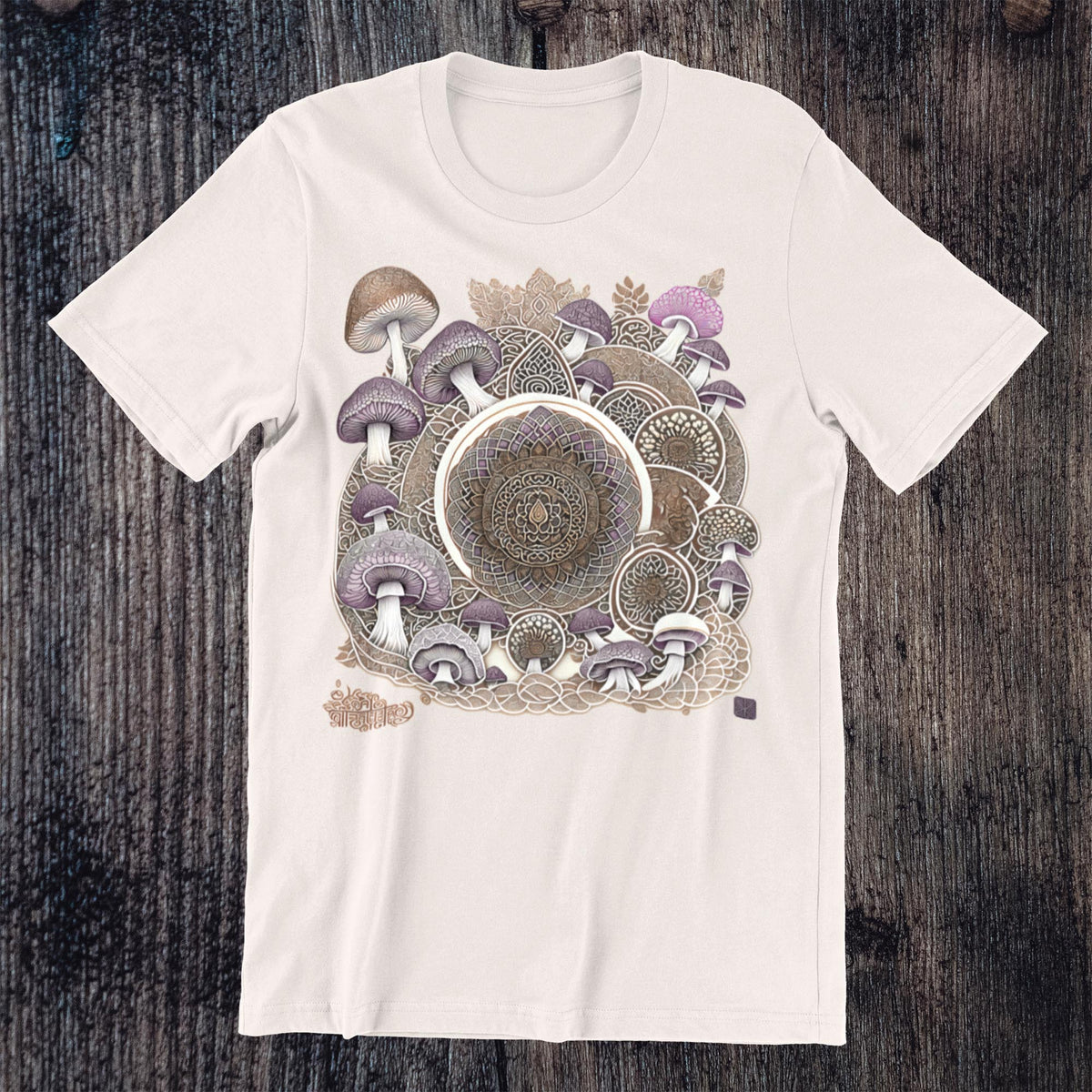 T-Shirts XS / Heather Cement Psychedelic Mushroom Mandala, Sacred Geometry Yantra, Psilocybin Shrooms, Trippy Tattoo Graphic-Art T-Shirt