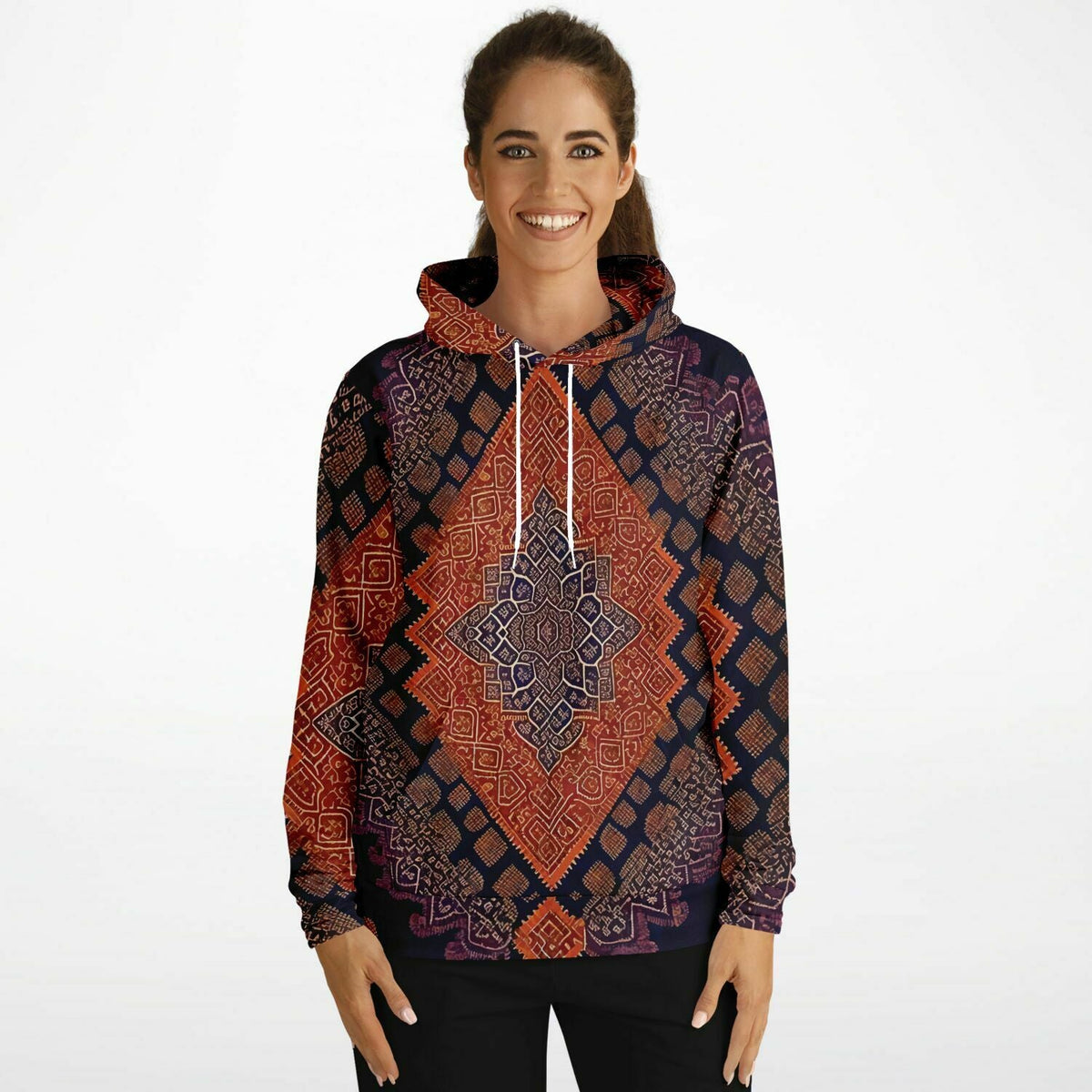 Pure Consciousness Traditional Ikat Batik Textile Pattern, Authentic Indigenous Sacred Geometry, Metatron's Cube Tribal Pullover Hoodie
