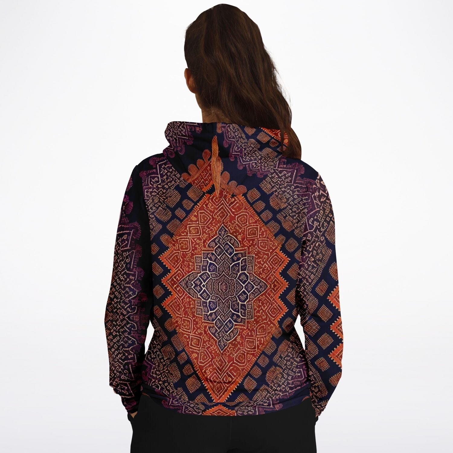 Fashion Hoodie - AOP Pure Consciousness Traditional Ikat Batik Textile Pattern, Authentic Indigenous Sacred Geometry, Metatron's Cube Tribal Pullover Hoodie