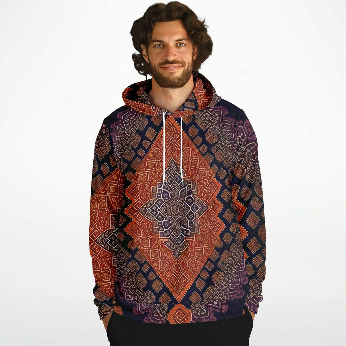 Pure Consciousness Traditional Ikat Batik Textile Pattern, Authentic Indigenous Sacred Geometry, Metatron's Cube Tribal Pullover Hoodie