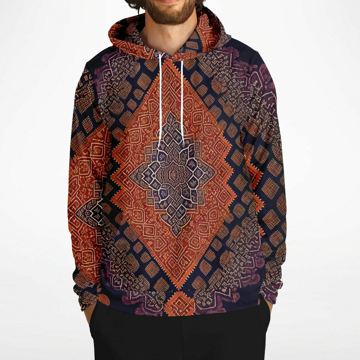Pure Consciousness Traditional Ikat Batik Textile Pattern, Authentic Indigenous Sacred Geometry, Metatron's Cube Tribal Pullover Hoodie
