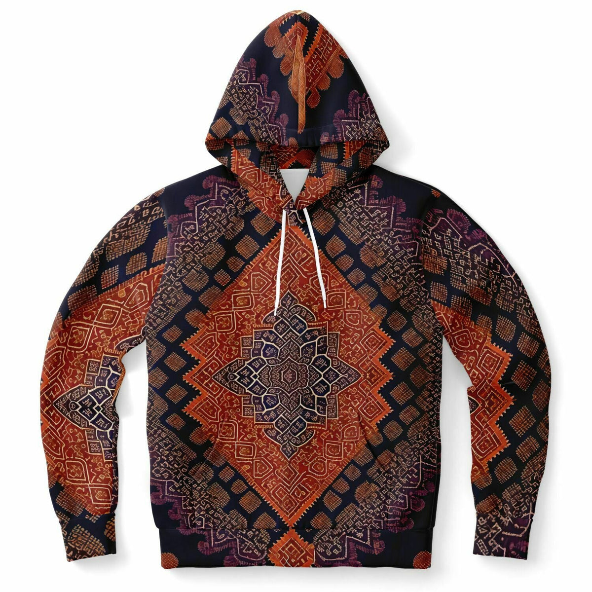 Fashion Hoodie - AOP XS Pure Consciousness Traditional Ikat Batik Textile Pattern, Authentic Indigenous Sacred Geometry, Metatron&#39;s Cube Tribal Pullover Hoodie