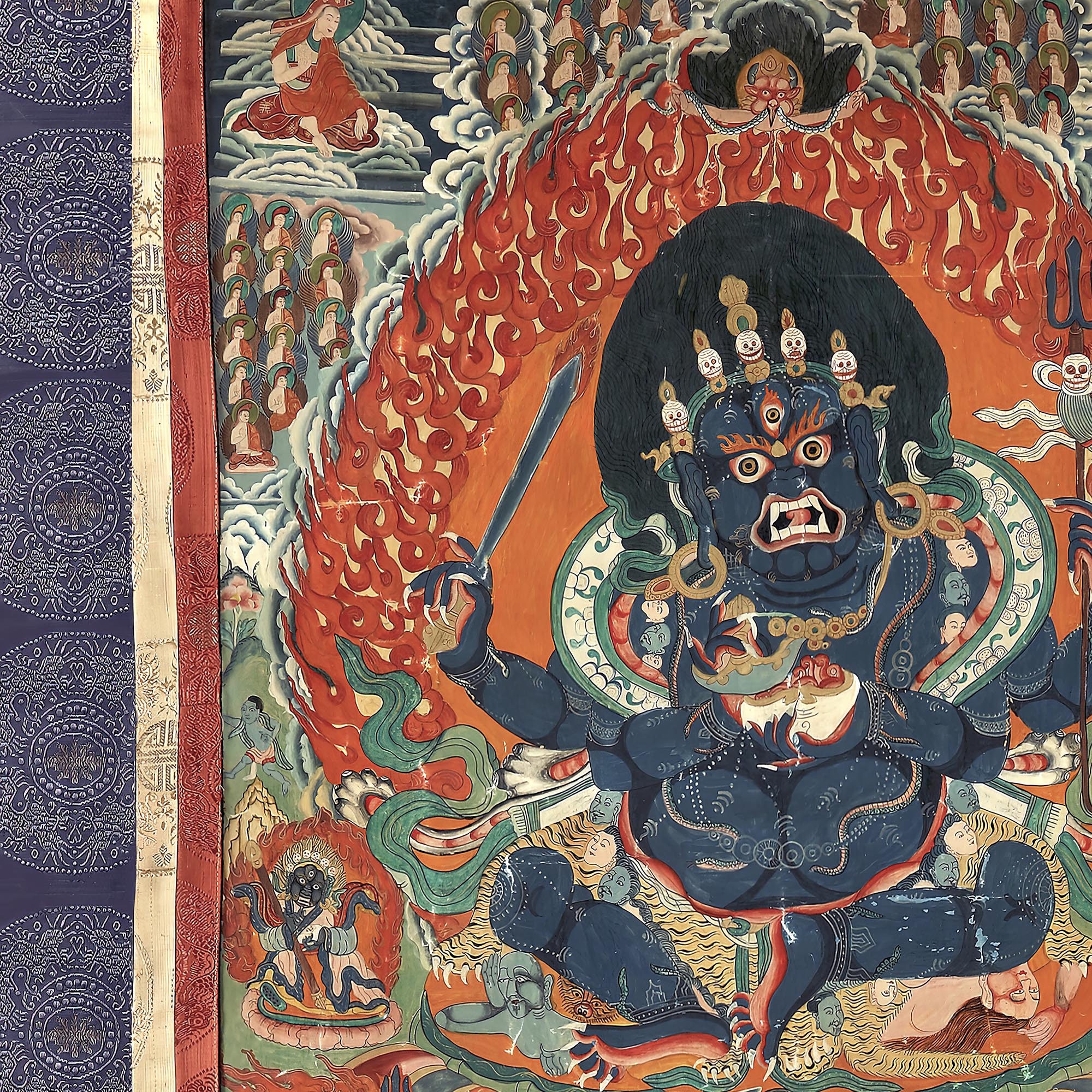 Fine art Purple Mahakala: A Tibetan Thangka Depicting a Protective Deity for Buddhist Wisdom - Vintage Nepal Fine Art Print