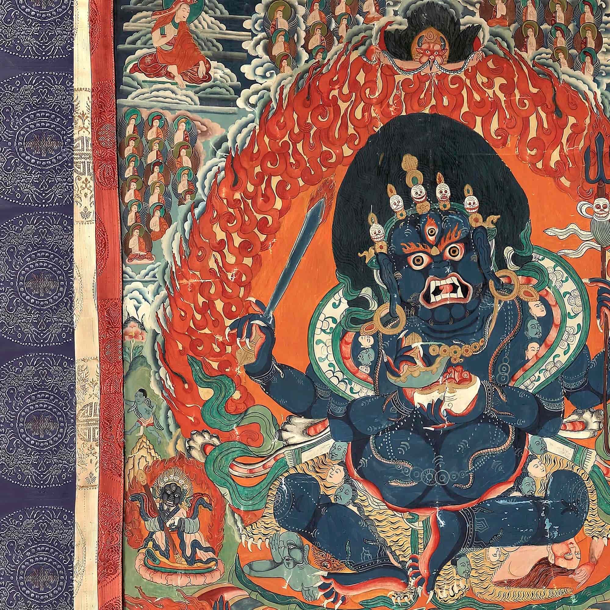 Purple Mahakala Tibetan Thangka | Buddhist Wisdom Protection Meditation Deity | Nepal Tantric Vintage Fine Art Print with Hanger