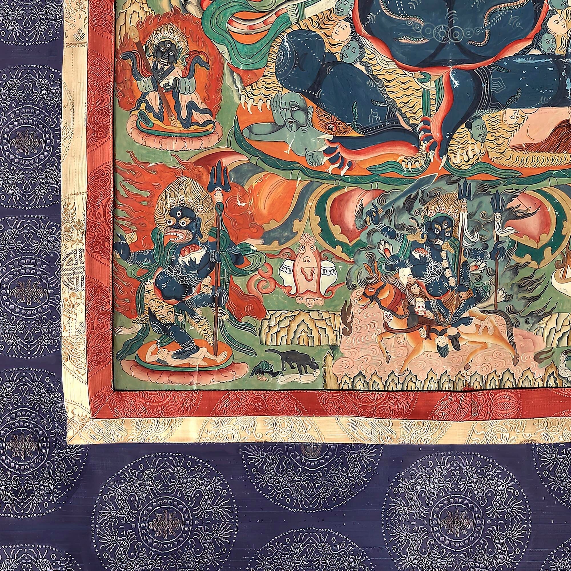 Hangar Thangka Purple Mahakala Tibetan Thangka | Buddhist Wisdom Protection Meditation Deity | Nepal Tantric Vintage Fine Art Print with Hanger