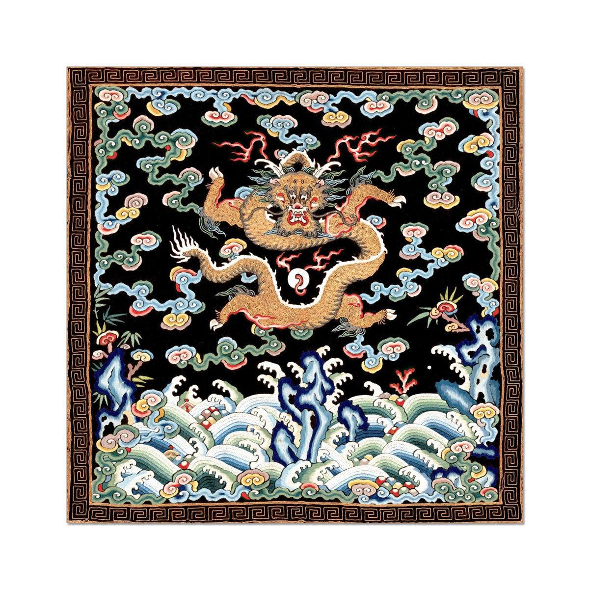 Qing Dragon, Chinese Silk Embroidery Folk Art | Antique Vintage Asian Decor | Mythical Serpent Mandarin Square Fine Art Print