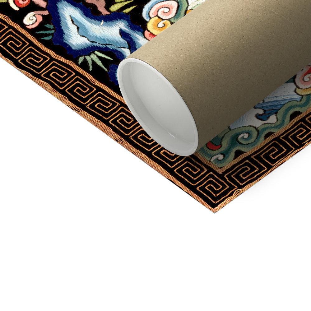 Qing Dragon, Chinese Silk Embroidery Folk Art | Antique Vintage Asian Decor | Mythical Serpent Mandarin Square Fine Art Print