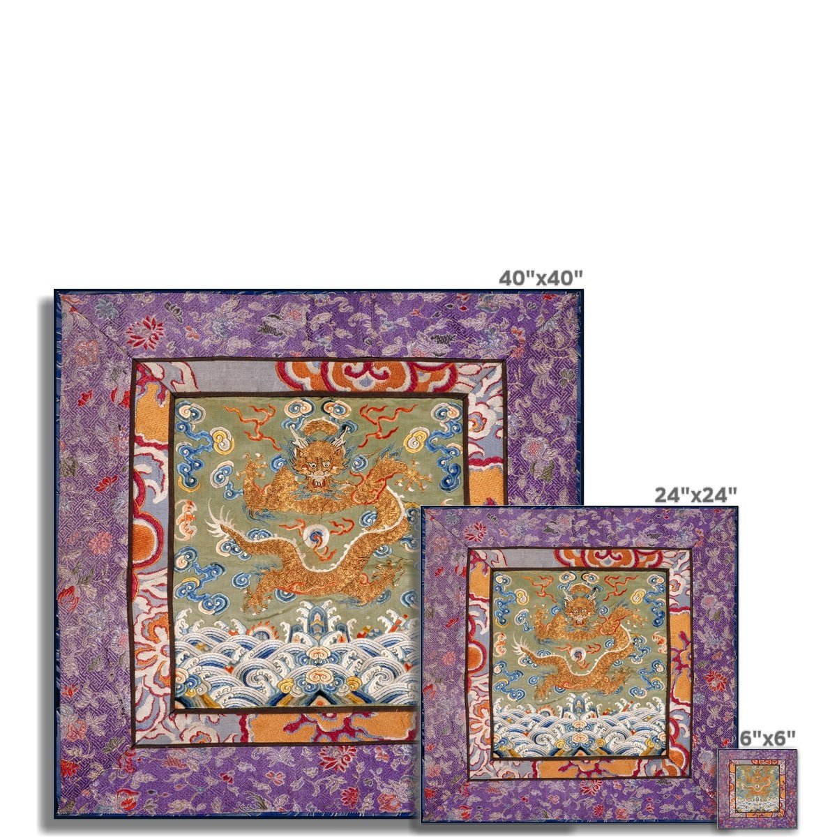 Qing Dynasty, Chinese Mythology Silk Embroidery Gold Dragon Antique Mandarin Square Folk Art Fine Taoist Art Print