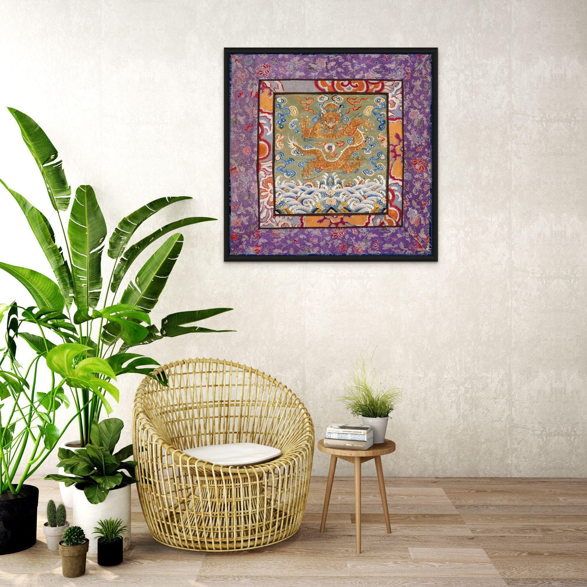 Qing Dynasty, Chinese Mythology Silk Embroidery Gold Dragon Antique Mandarin Square Folk Art Fine Taoist Art Print