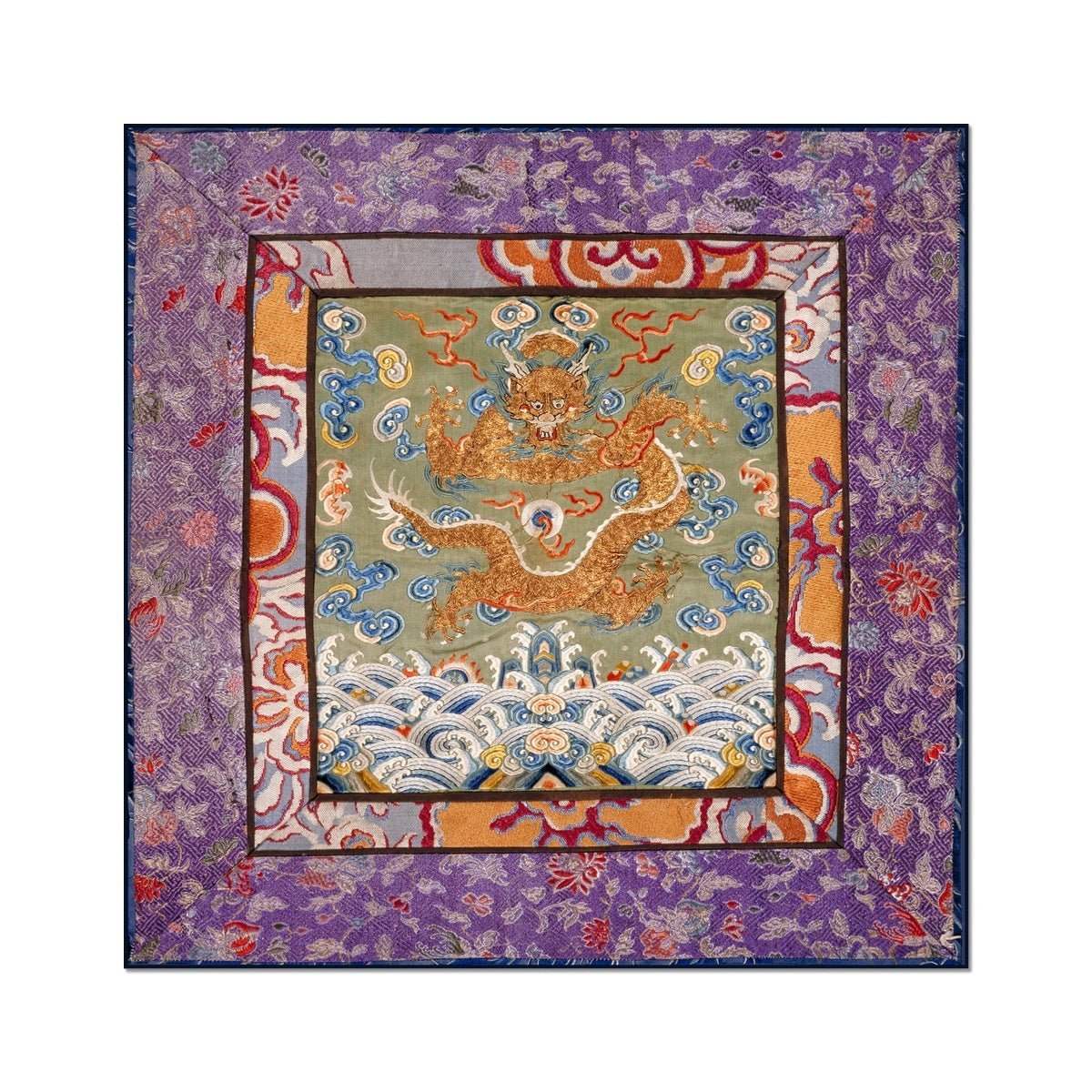 Qing Dynasty, Chinese Mythology Silk Embroidery Gold Dragon Antique Mandarin Square Folk Art Fine Taoist Art Print