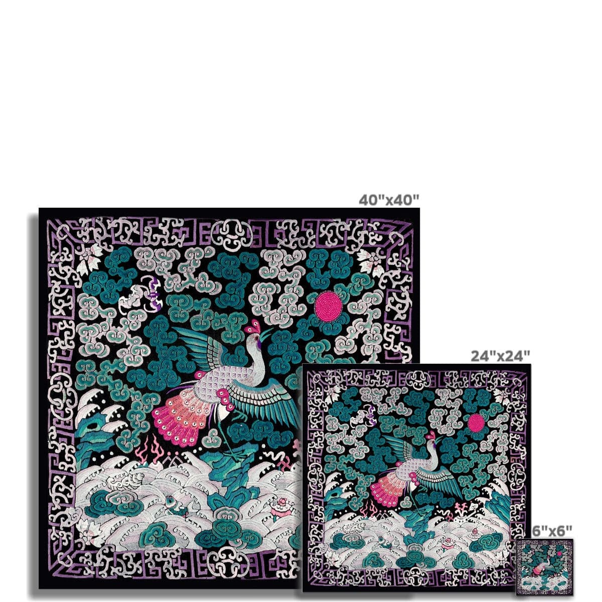 giclee 6"x6" Qing Dynasty, Chinese Mythology Silk Embroidery Pheasant Mandarin Square Antique Vintage Fine Art Print