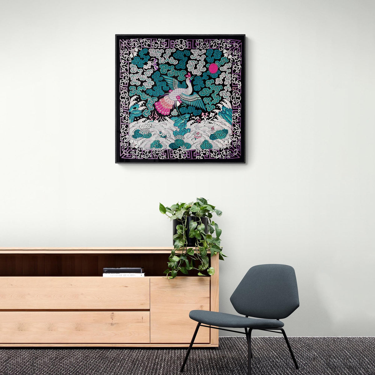 Qing Dynasty, Chinese Mythology Silk Embroidery Pheasant Mandarin Square Antique Vintage Fine Art Print