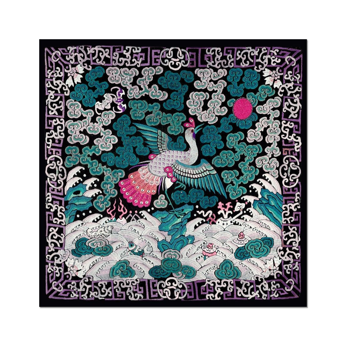 Qing Dynasty, Chinese Mythology Silk Embroidery Pheasant Mandarin Square Antique Vintage Fine Art Print