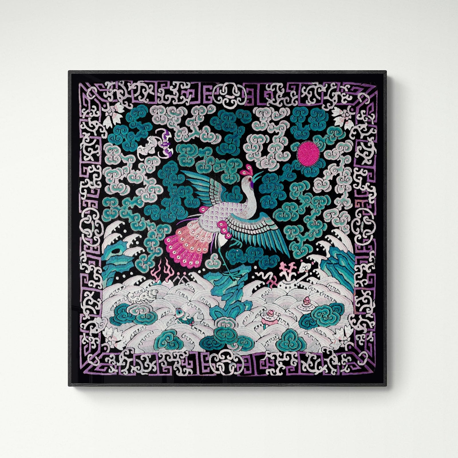 Qing Dynasty, Chinese Mythology Silk Embroidery Pheasant Mandarin Square Antique Vintage Fine Art Print