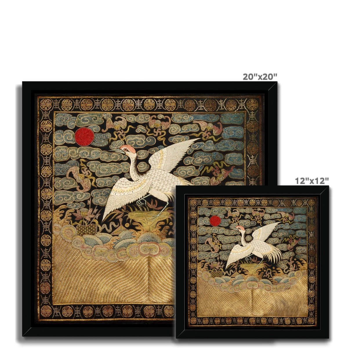 Qing Dynasty, Chinese Silk Embroidery Heron Mandarin Bird Square Antique Asian Vintage Framed Art Print