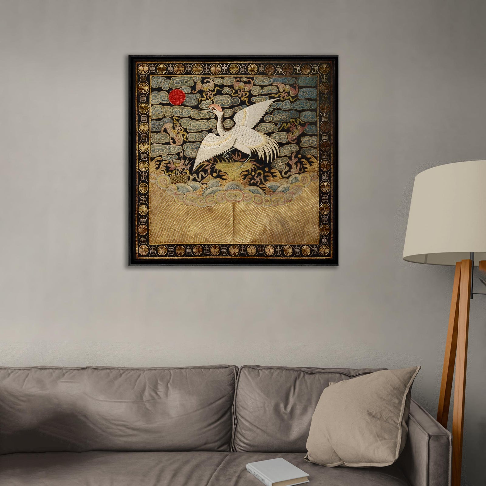 Qing Dynasty, Chinese Silk Embroidery Heron Mandarin Bird Square Antique Asian Vintage Framed Art Print