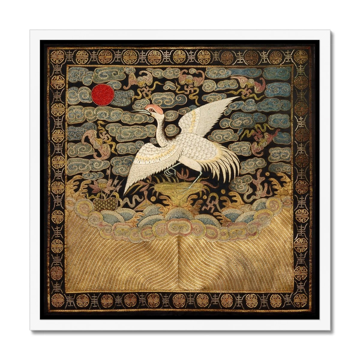 Qing Dynasty, Chinese Silk Embroidery Heron Mandarin Bird Square Antique Asian Vintage Framed Art Print