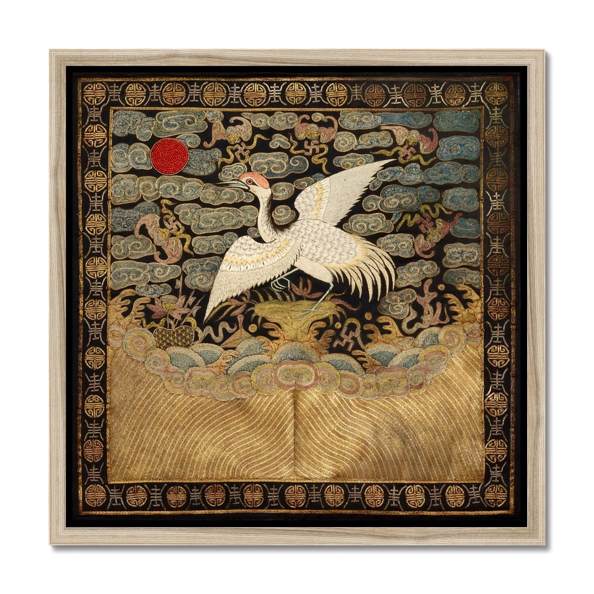 Qing Dynasty, Chinese Silk Embroidery Heron Mandarin Bird Square Antique Asian Vintage Framed Art Print
