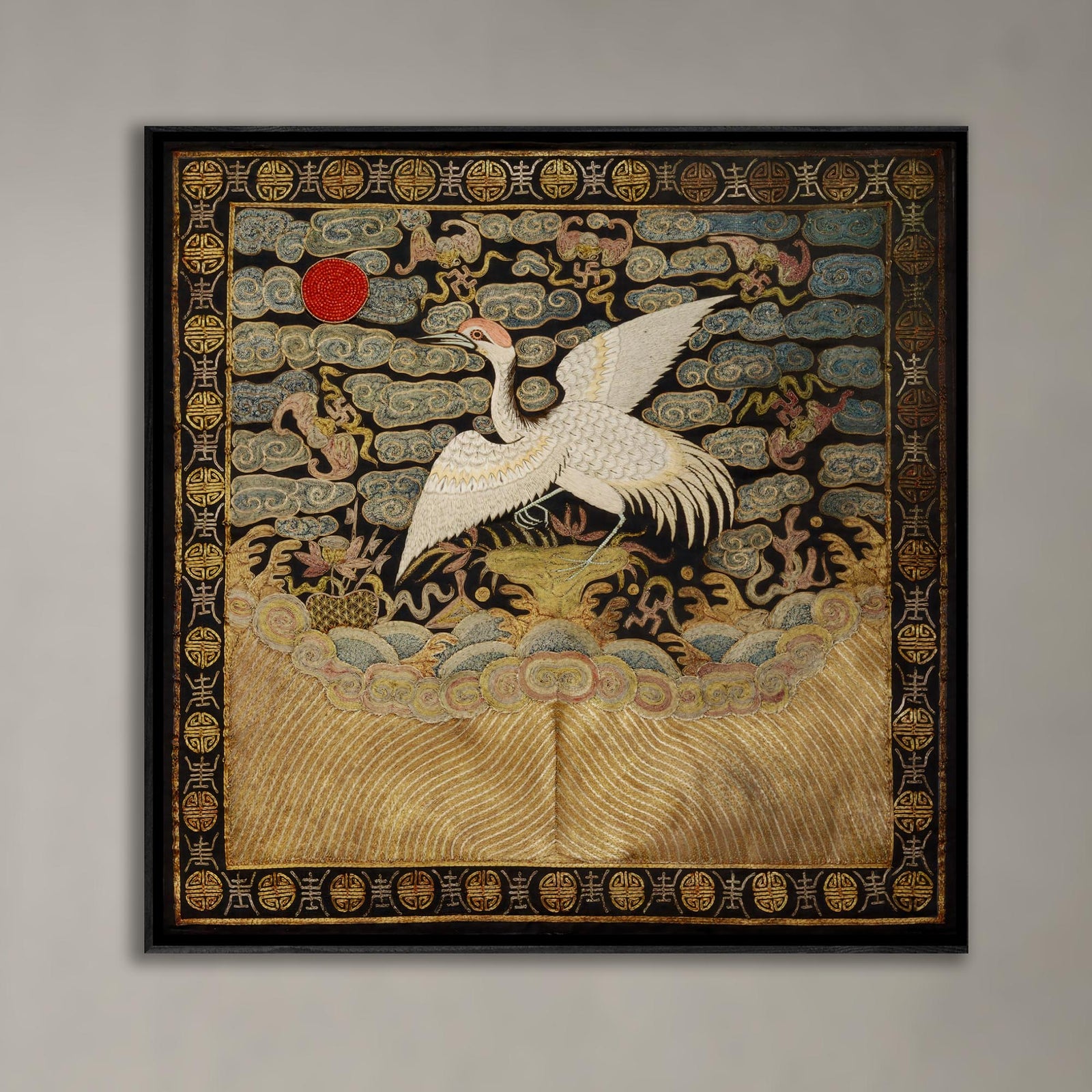 Framed Print 12"x12" / Black Frame Qing Dynasty, Chinese Silk Embroidery Heron Mandarin Bird Square Antique Asian Vintage Framed Art Print