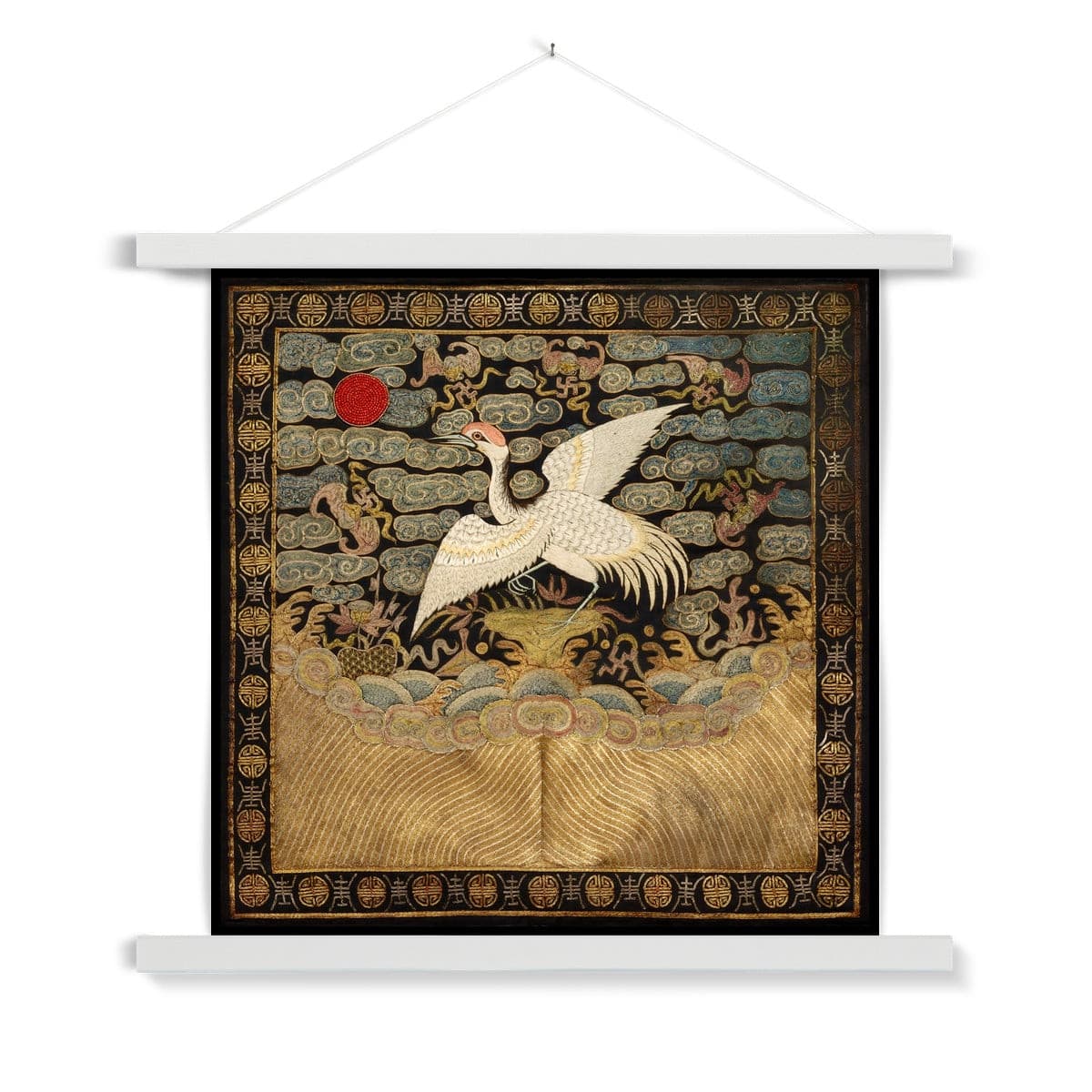 Qing Dynasty, Chinese Silk Embroidery Heron Mandarin Square Antique Vintage Fine Art Print with Hanger