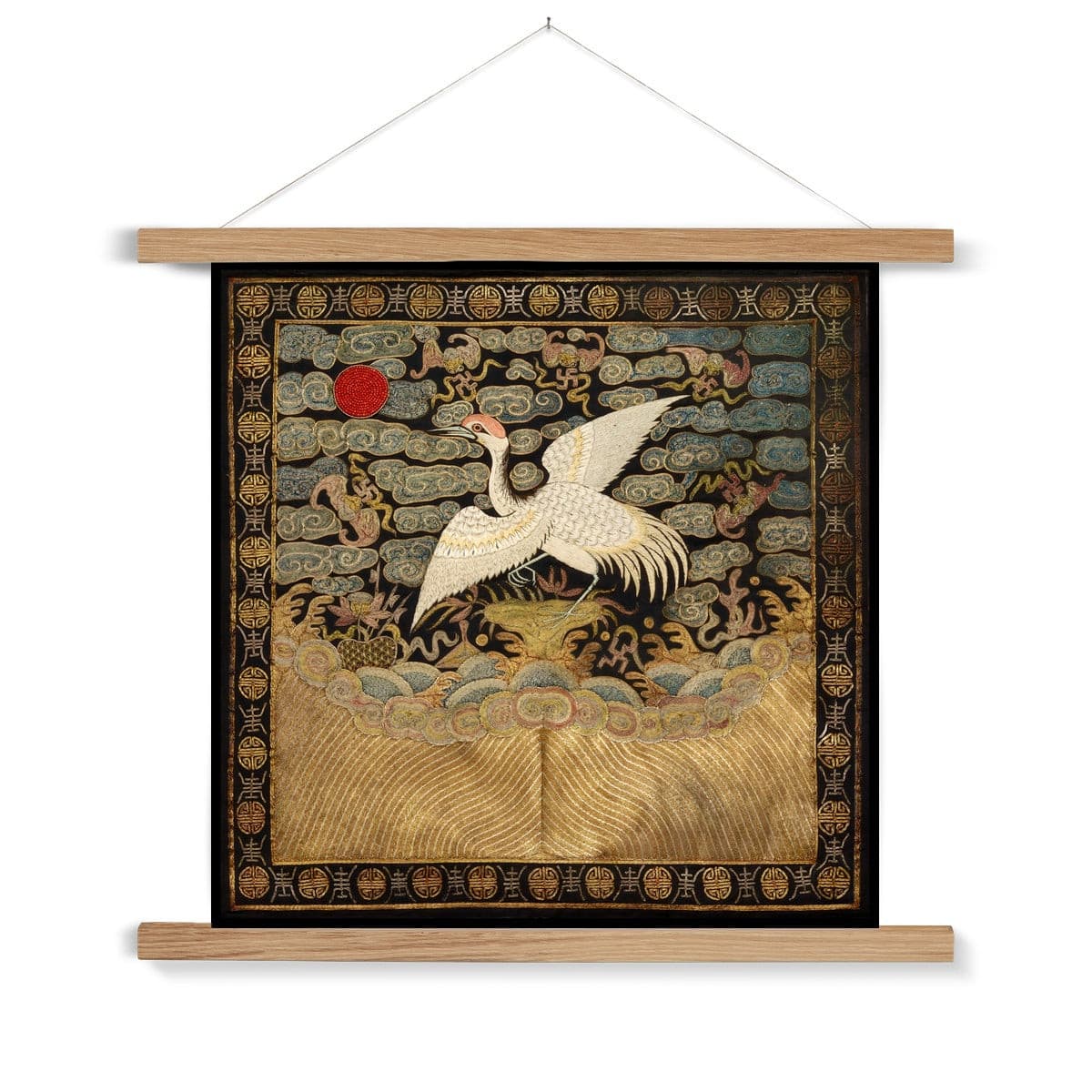 Fine art 12"x12" / Natural Frame Qing Dynasty, Chinese Silk Embroidery Heron Mandarin Square Antique Vintage Fine Art Print with Hanger