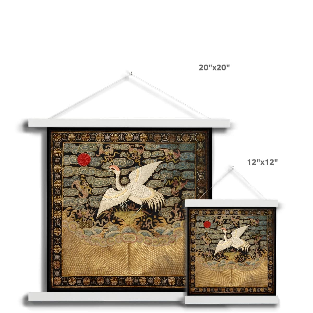 Fine art Qing Dynasty, Chinese Silk Embroidery Heron Mandarin Square Antique Vintage Fine Art Print with Hanger