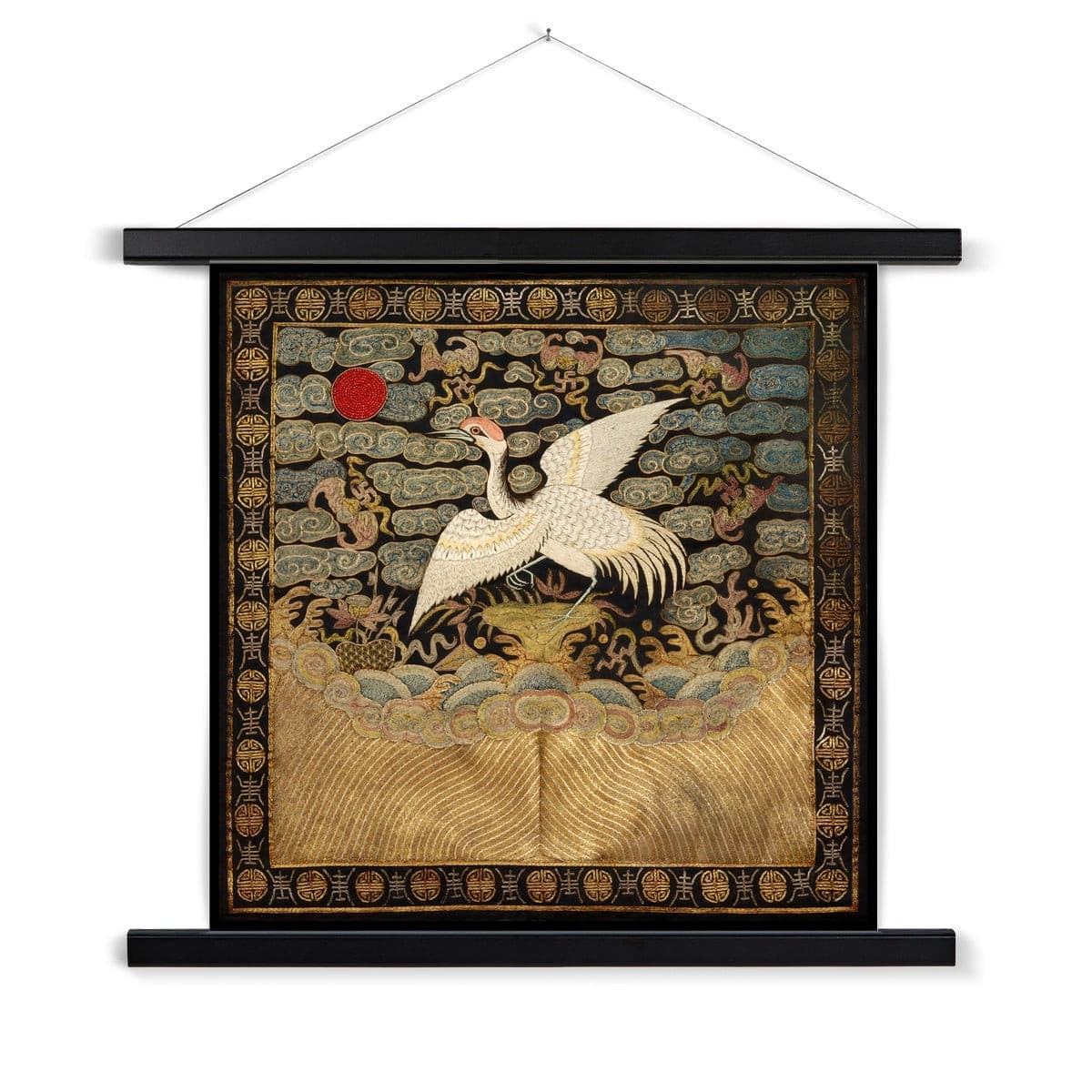Fine art 12"x12" / Black Frame Qing Dynasty, Chinese Silk Embroidery Heron Mandarin Square Antique Vintage Fine Art Print with Hanger