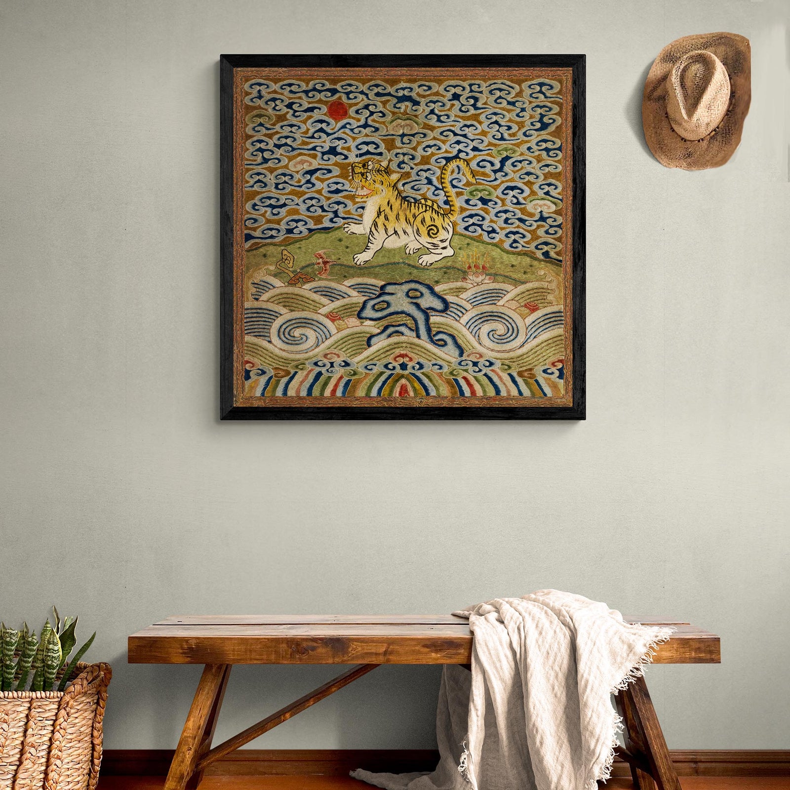 Qing Dynasty, Chinese Silk Embroidery | Leopard Lion Cat Lover Panther Mandarin Square Thangka | Vintage Fine Art Print