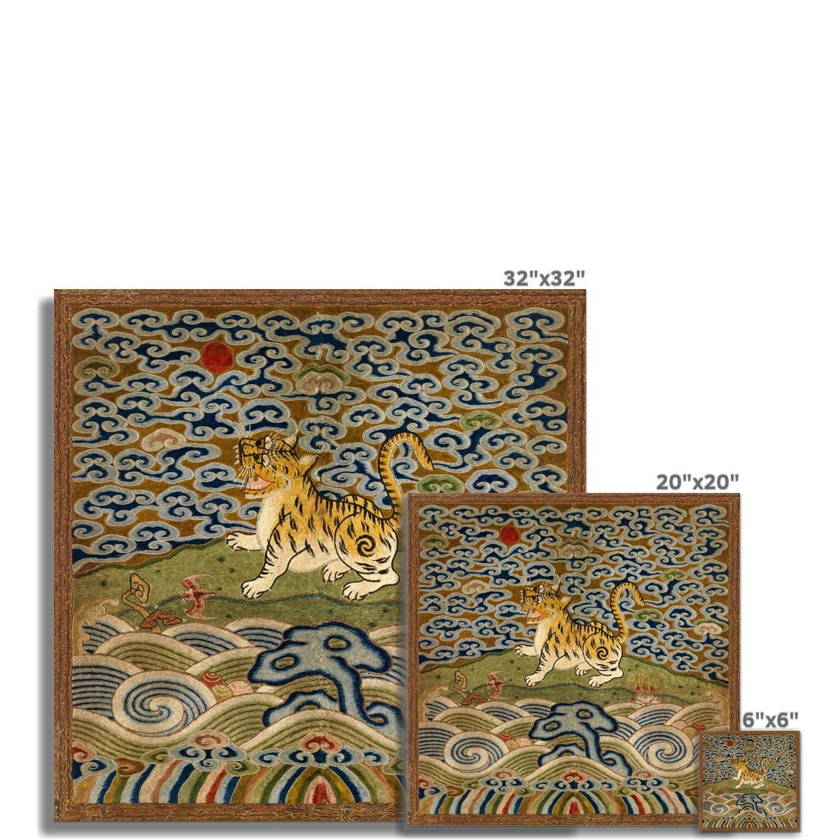 Fine art Qing Dynasty, Chinese Silk Embroidery | Leopard Lion Cat Lover Panther Mandarin Square Thangka | Vintage Fine Art Print