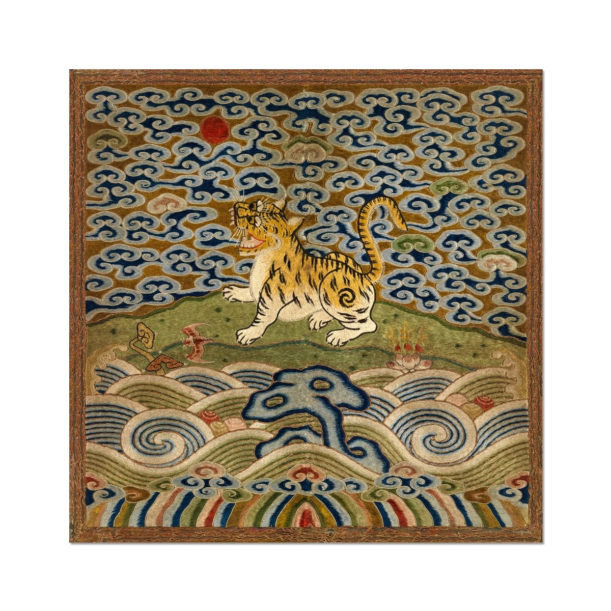 Qing Dynasty, Chinese Silk Embroidery | Leopard Lion Cat Lover Panther Mandarin Square Thangka | Vintage Fine Art Print
