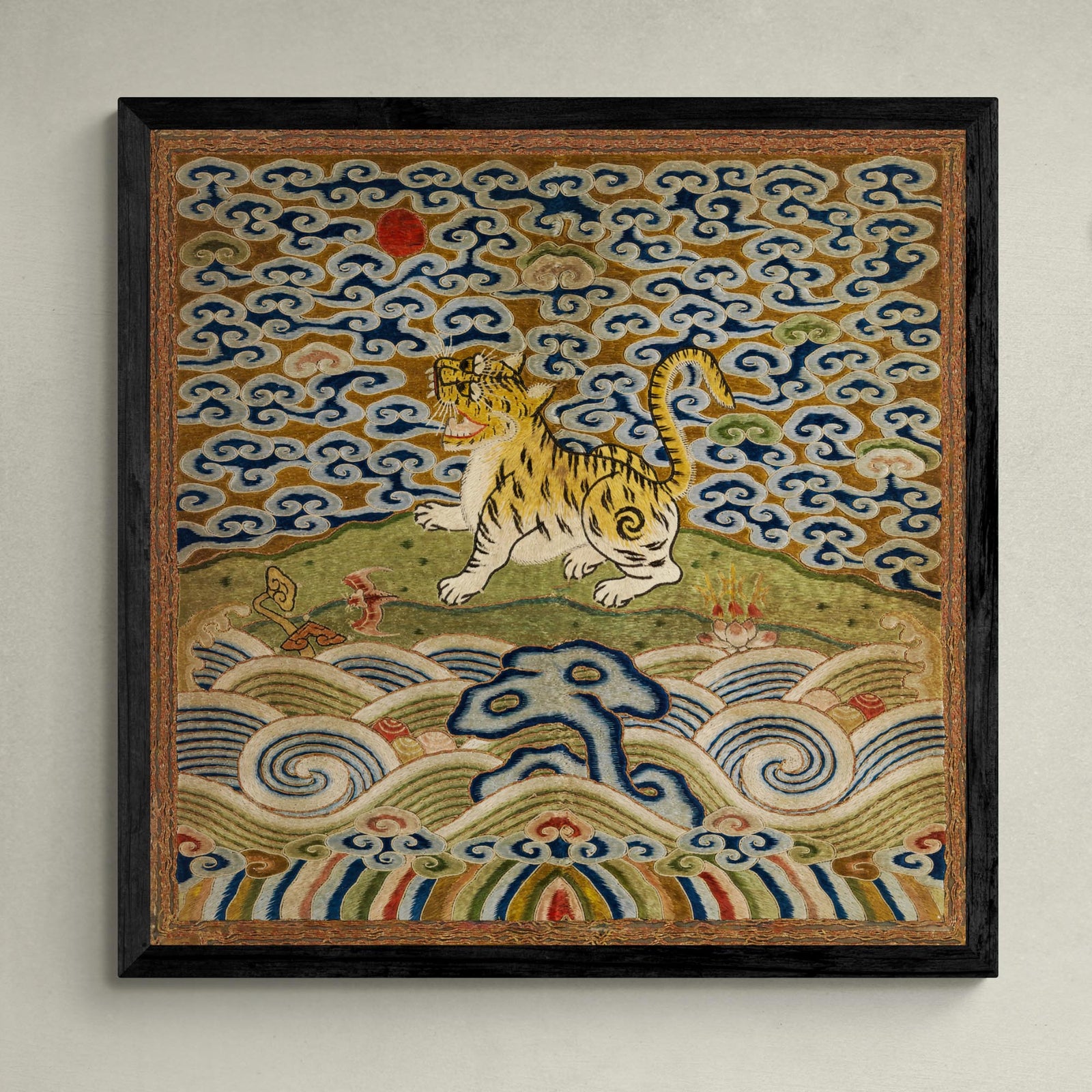 Fine art Qing Dynasty, Chinese Silk Embroidery | Leopard Lion Cat Lover Panther Mandarin Square Thangka | Vintage Fine Art Print