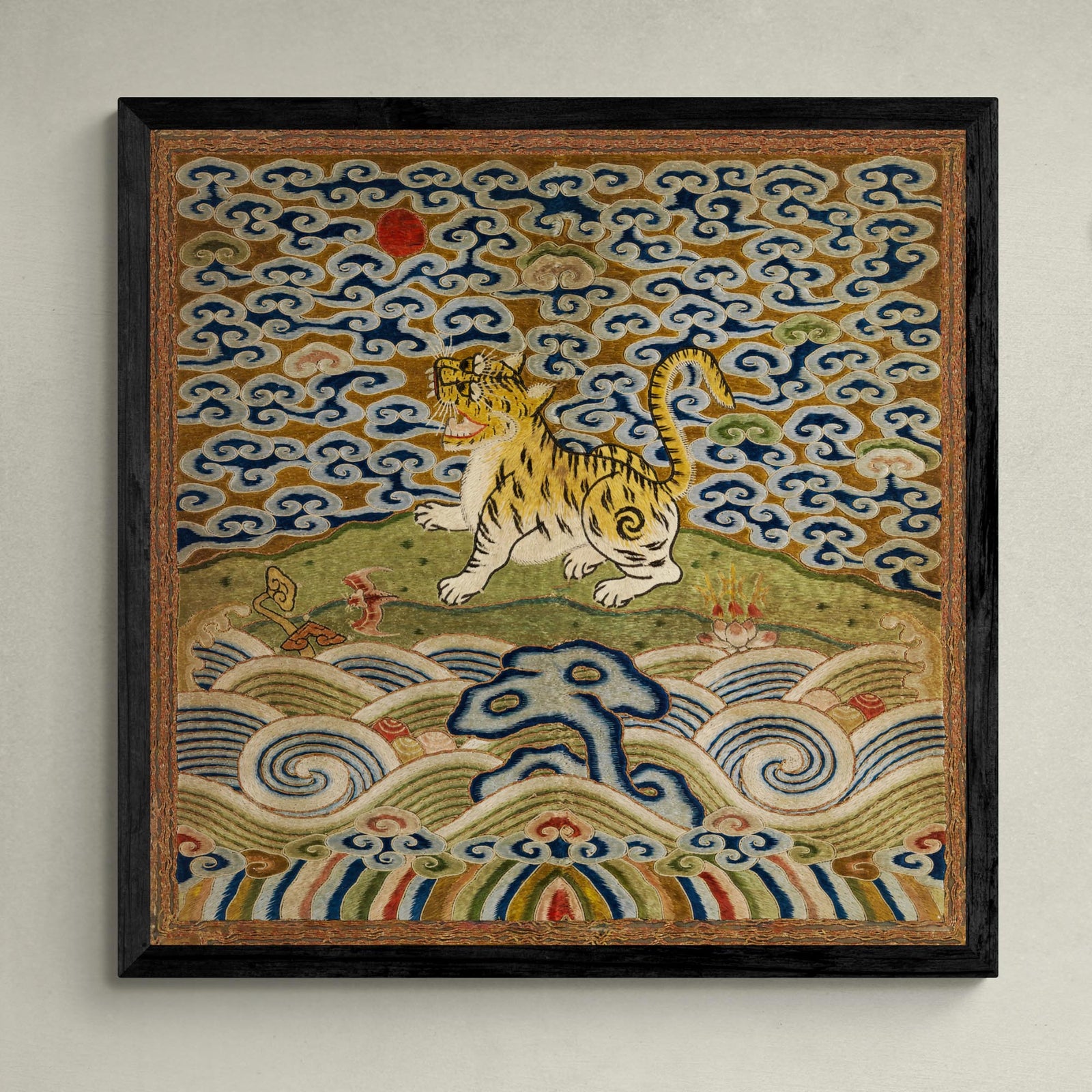 Qing Dynasty, Chinese Silk Embroidery | Leopard Lion Cat Lover Panther Mandarin Square Thangka | Vintage Fine Art Print