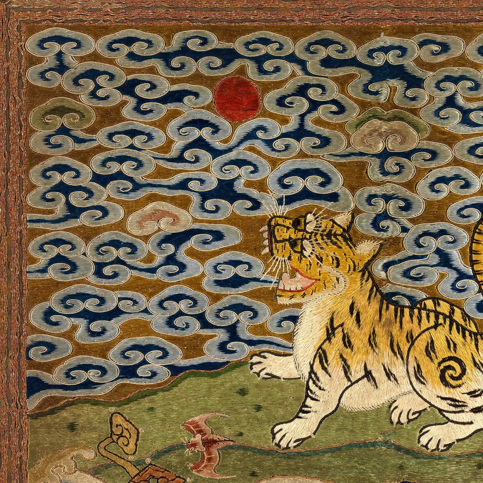 Qing Dynasty, Chinese Silk Embroidery | Leopard Lion Cat Mandarin Square Thangka | Vintage Fine Art Print with Hanger