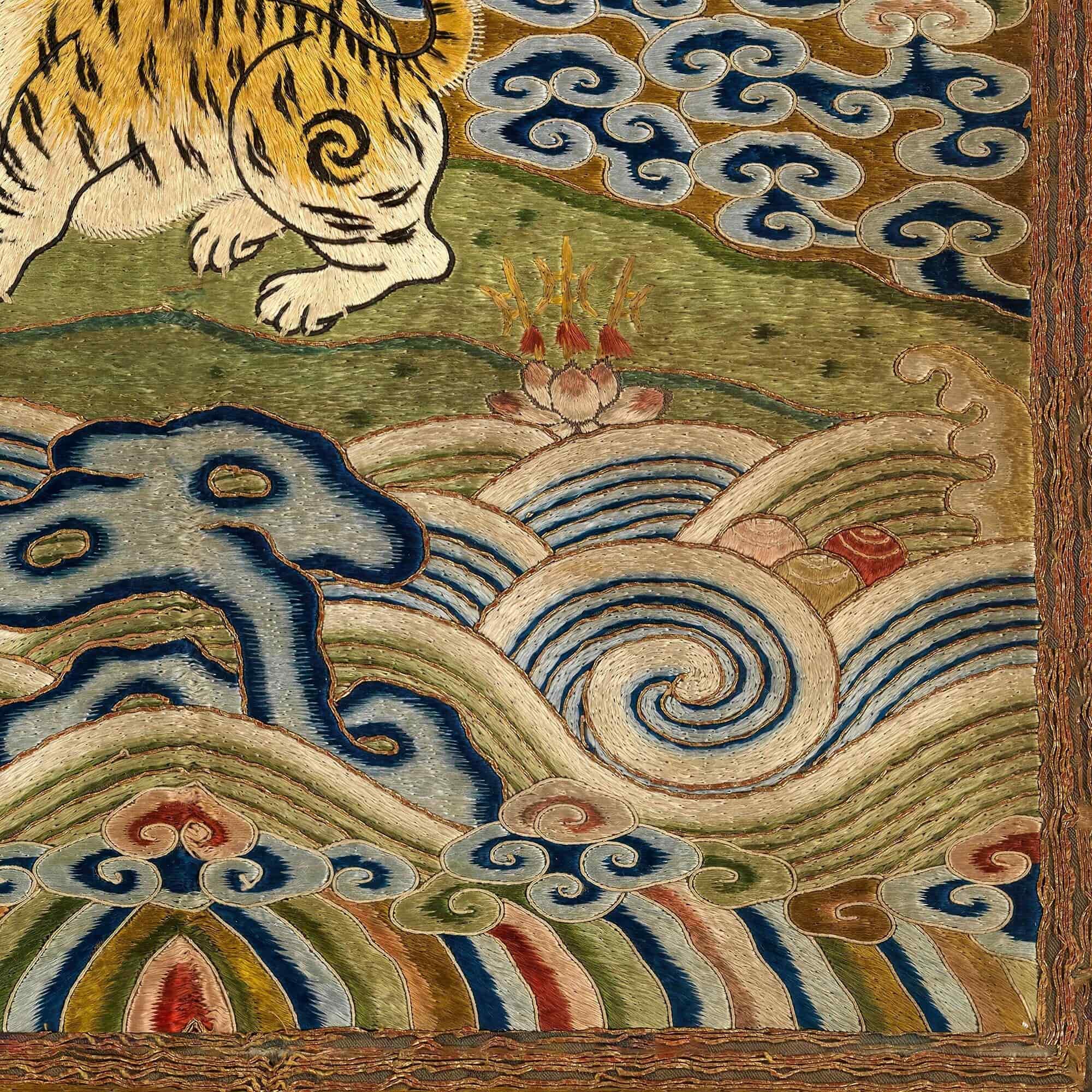 Qing Dynasty, Chinese Silk Embroidery | Leopard Lion Cat Mandarin Square Thangka | Vintage Fine Art Print with Hanger