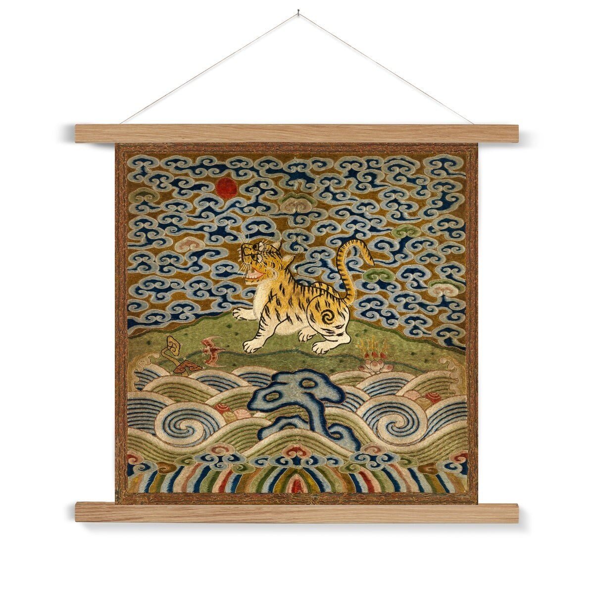 Hangar Thangka Qing Dynasty, Chinese Silk Embroidery | Leopard Lion Cat Mandarin Square Thangka  | Vintage Fine Art Print with Hanger