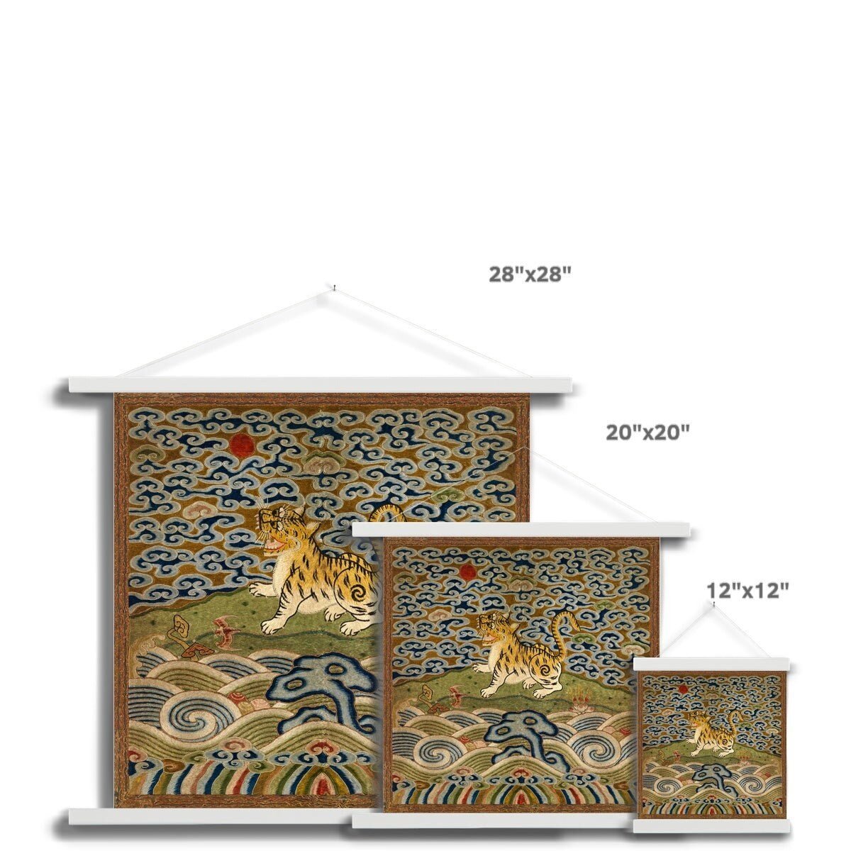 Qing Dynasty, Chinese Silk Embroidery | Leopard Lion Cat Mandarin Square Thangka | Vintage Fine Art Print with Hanger