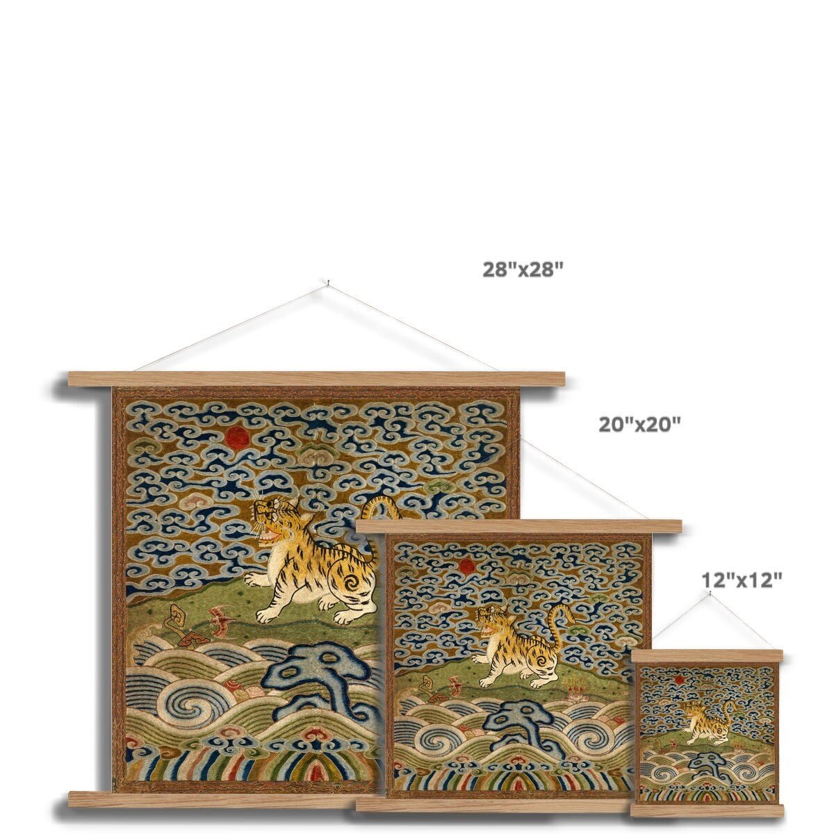 Qing Dynasty, Chinese Silk Embroidery | Leopard Lion Cat Mandarin Square Thangka | Vintage Fine Art Print with Hanger