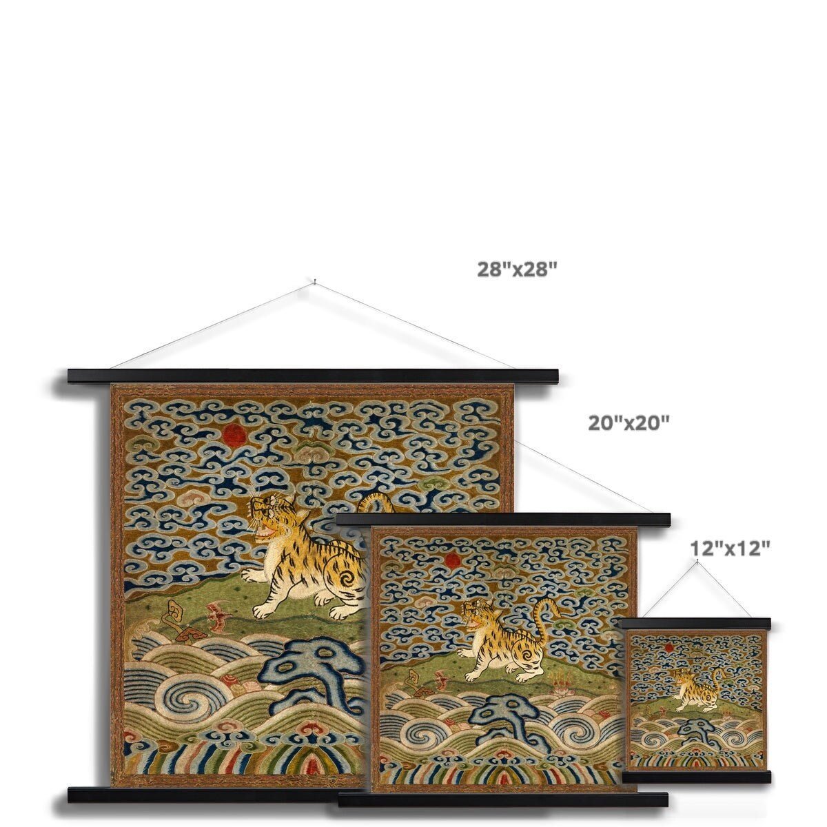 Hangar Thangka Qing Dynasty, Chinese Silk Embroidery | Leopard Lion Cat Mandarin Square Thangka  | Vintage Fine Art Print with Hanger